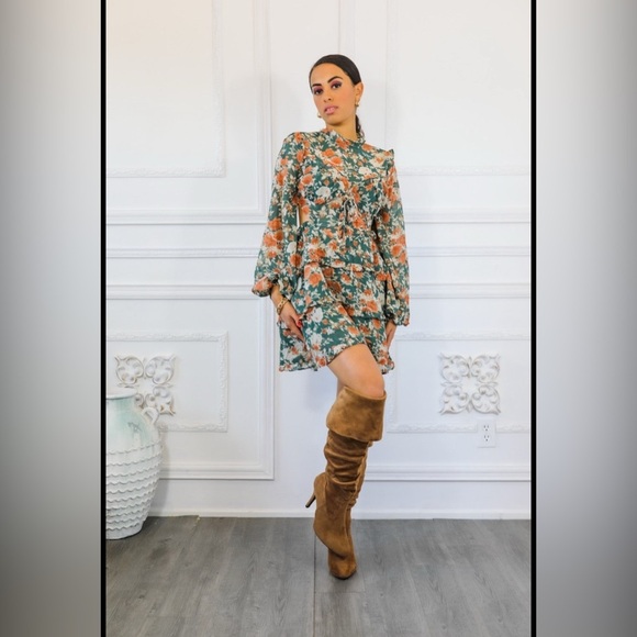 Floral Green and Orange Women's Dress - Picture 3 of 6